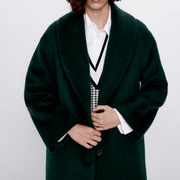 Zara Womens Green Long Coat Jacket Shawl Collar M - Picture 5 of 14